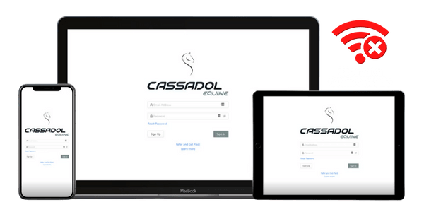 Cassadol Equine management software shown on laptop, tablet, and mobile devices with offline mode support. Secure login and seamless access to equine records anytime, anywhere. - Equine Practice Management Software
